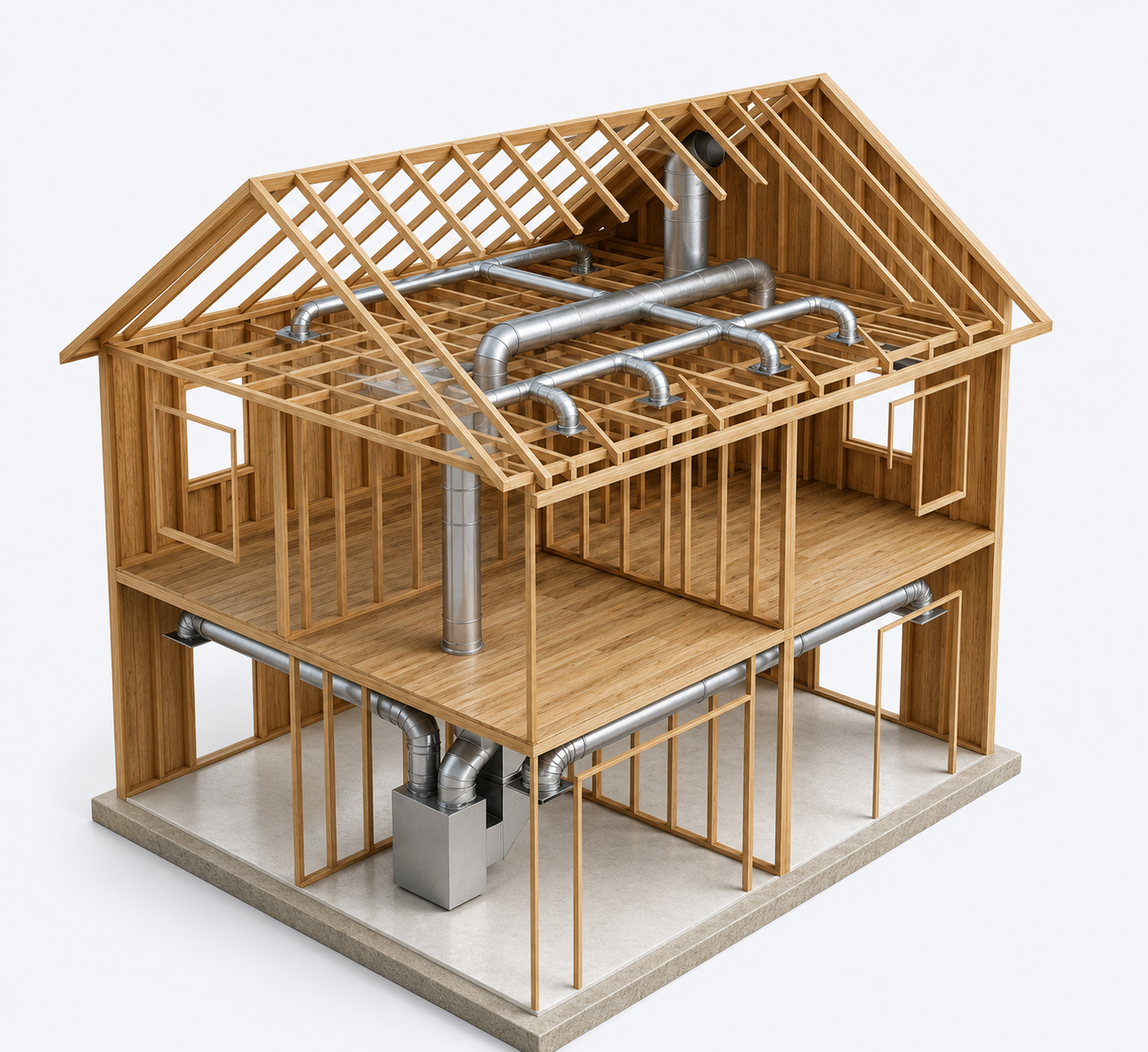 Residential house framing with a complete HVAC duct system
