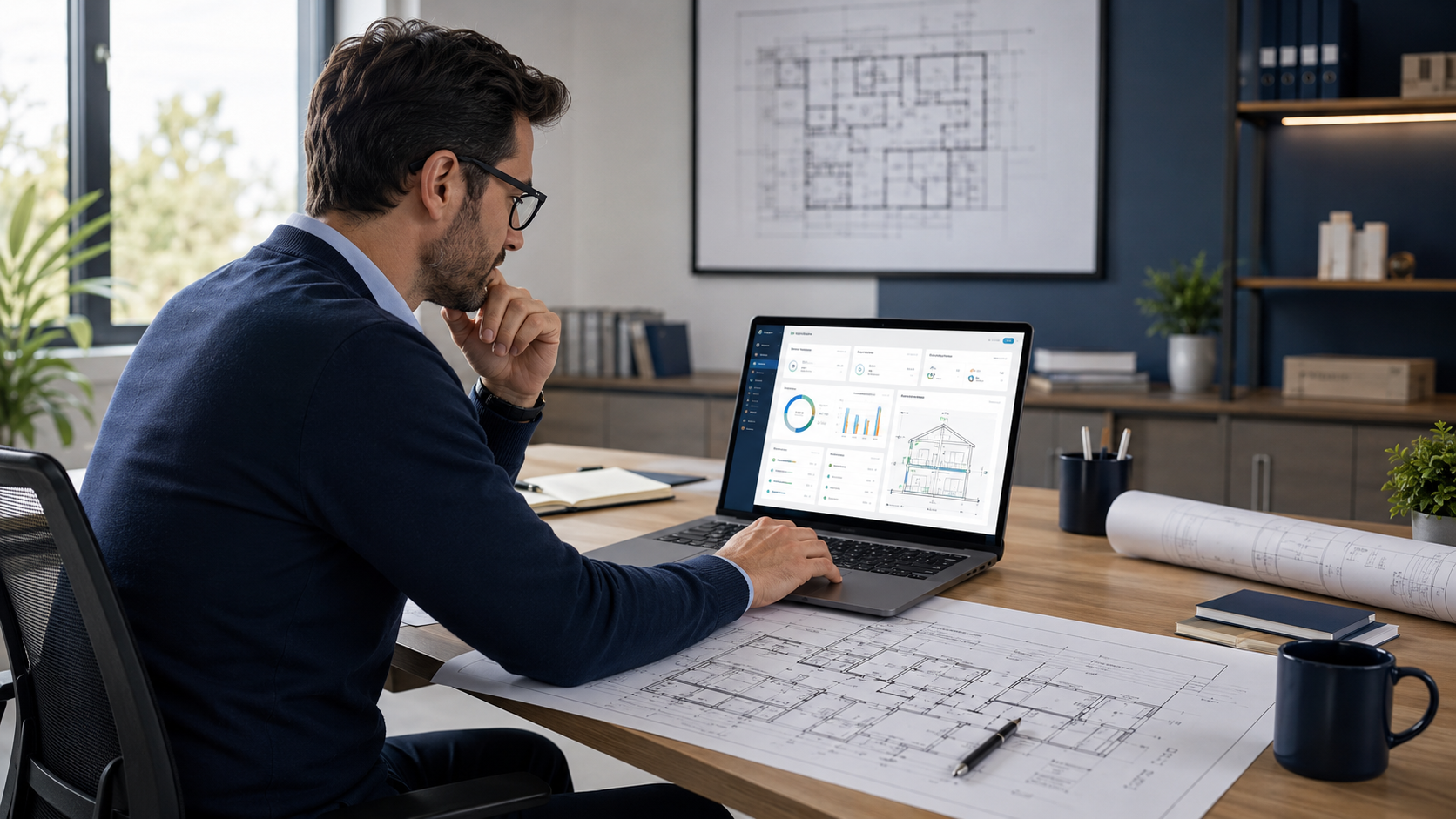 Energy modeler reviewing residential and commercial building performance on a laptop
